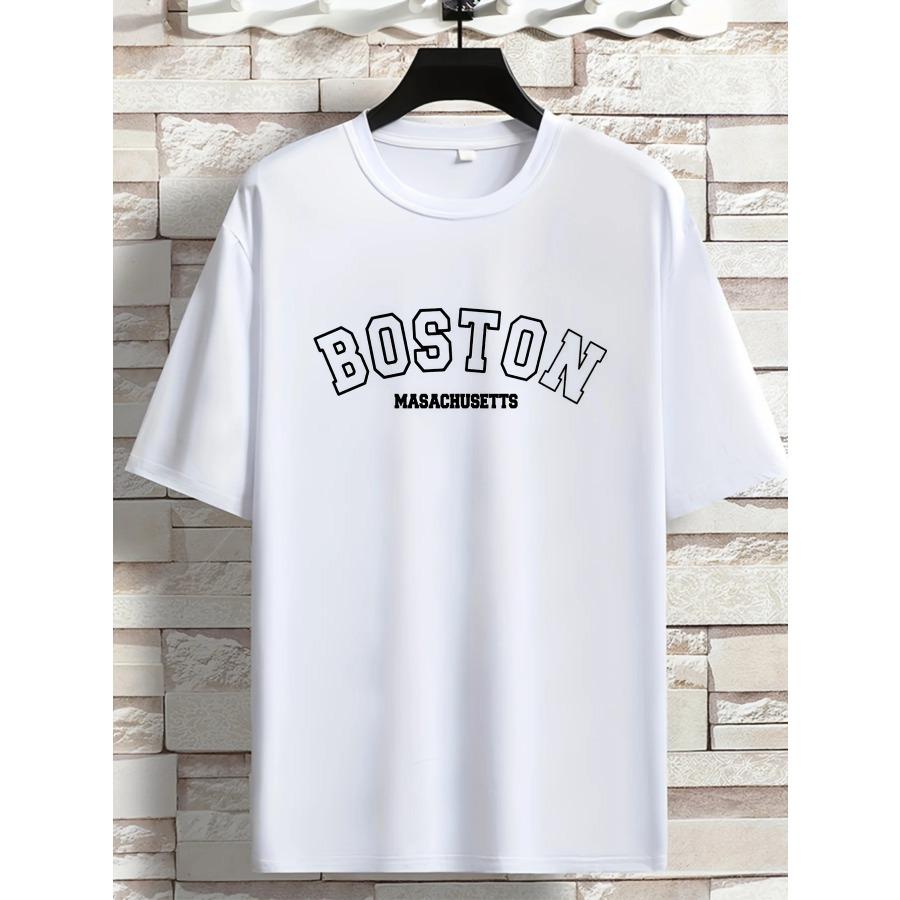 Men's Summer Loose Size 100% Cotton Trendy Boston Graphic Print Casual Fit Round Neck Short Sleeve T-shirt Top