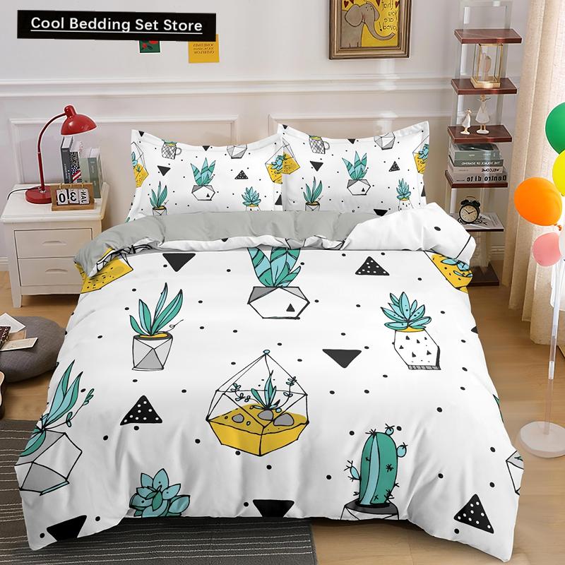 Cactus King Queen Duvet Cover Succulents Bedding Set for Kids Teens Adults Green Botanical Flowers 2/3pcs Polyester Quilt Cover