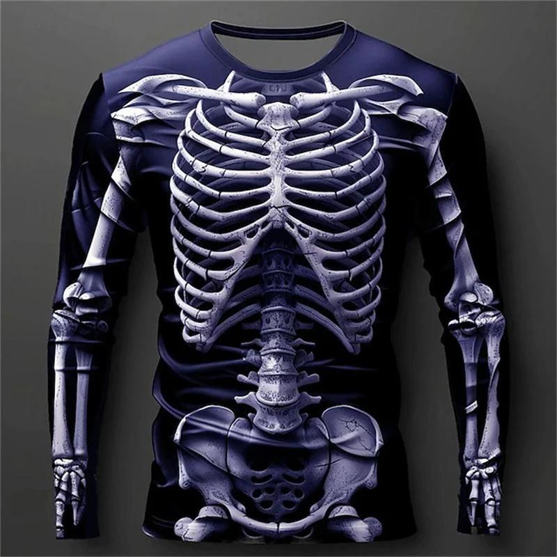 2026 New Autumn/Winter Men's 3D Full Body Skeleton Printed Long Sleeve Gothic Skeleton Pattern Round Neck Halloween Horror Punk