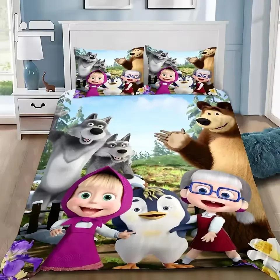 Masha und die Bären 3D-bedruckte Bettbezug Kissenbezug Bettwäsche-Set Einzelbett Doppelbett Queen King für Schlafzimmerdekoration 70x133cm 3pcs