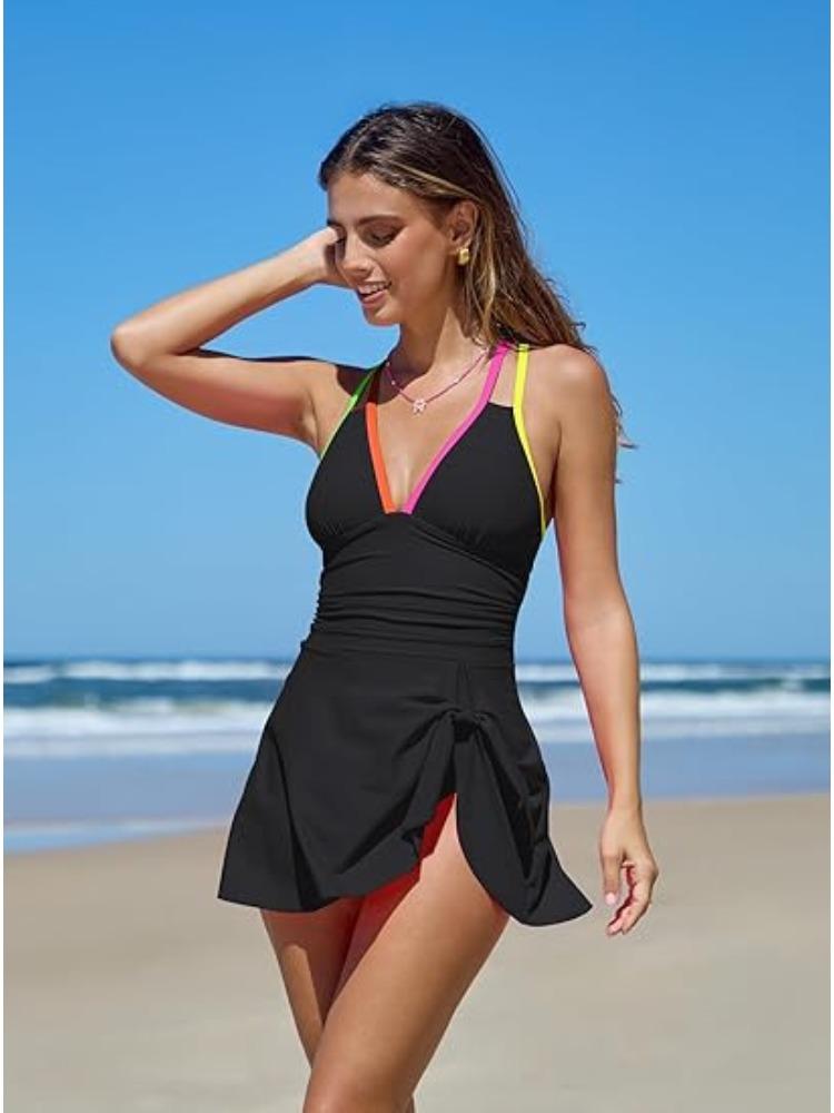 Sexy Solid Color Slit Skirt V Neck Cross Strap Tummy Control Bikini Swimsuit For Vacation