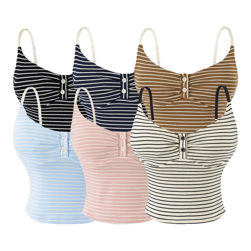 Women's Designer Slim-Fit Black Striped Camisole with Padded Bust - Chest-Enhancing Summer Knit Tank Top