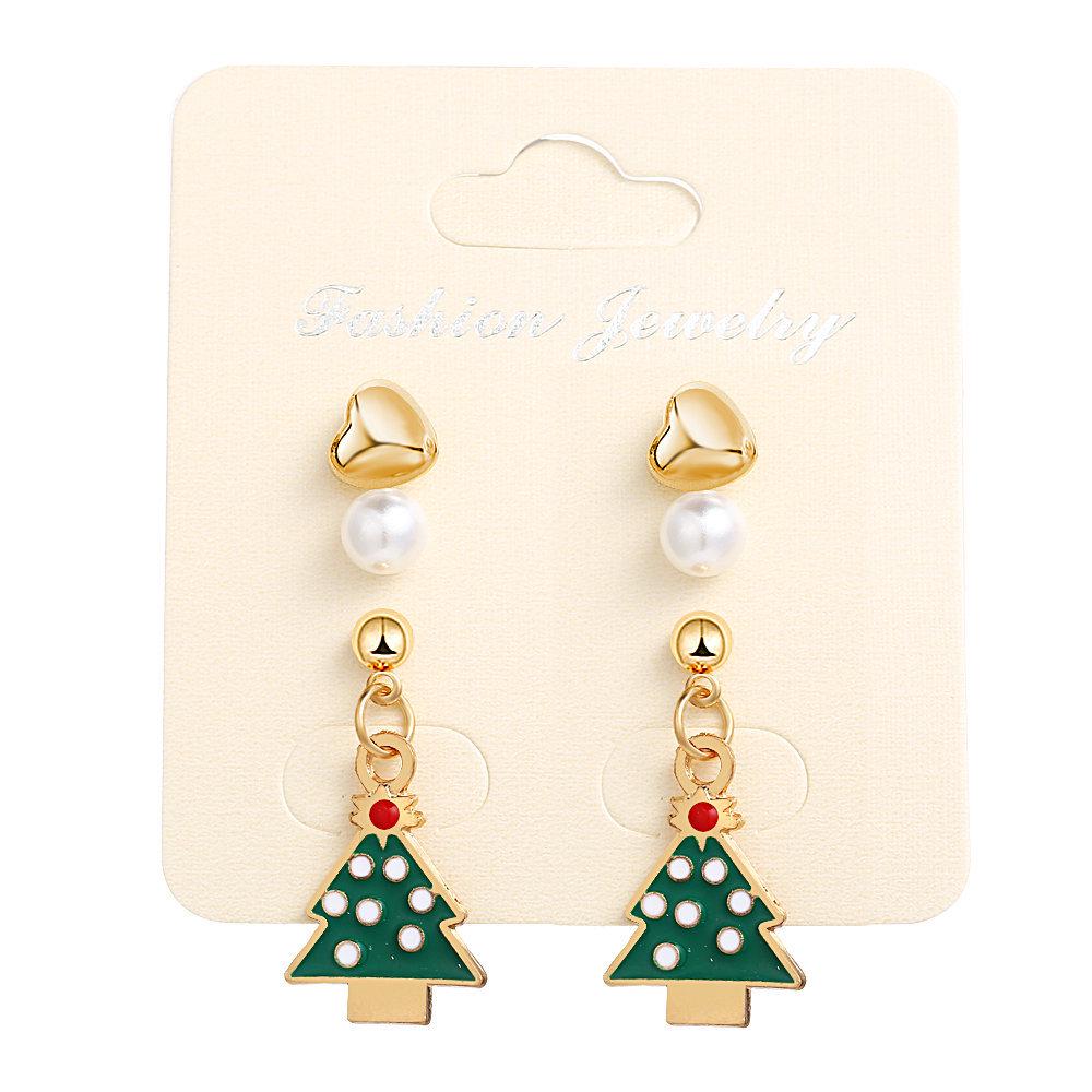 3Pairs Women Christmas Tree Loving Heart Pearl Bead Shape Earrings Set