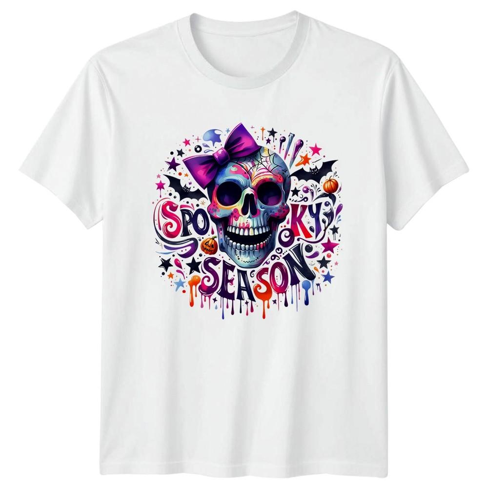 Spooky Season Halloween Skull Bow Unisexs TShirt Unisexs Tee Graphic Top S