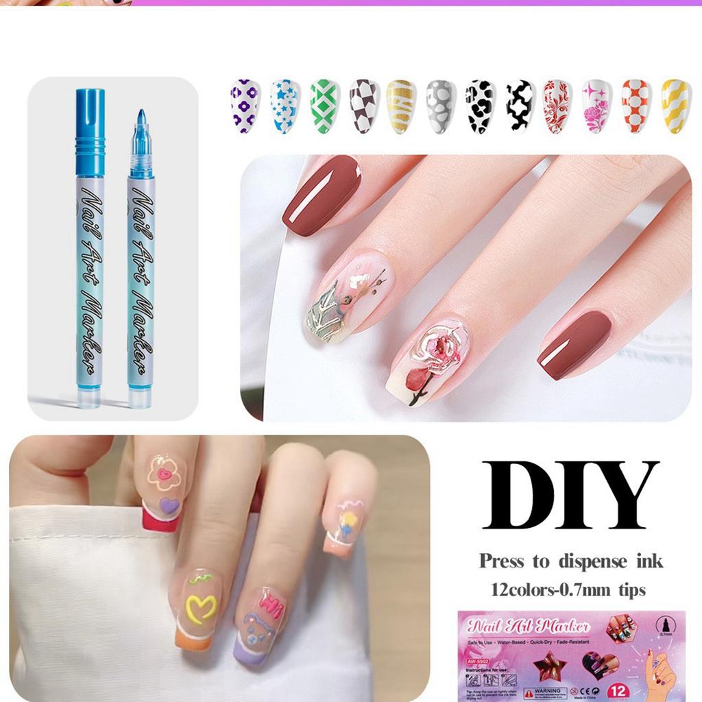 Nail Art Marker Set 12 Pieces Water-Based Quick-Dry Nail Polish Pens Fine Tip Nail Drawing Tools for Detailed Nail Designs and Decorations