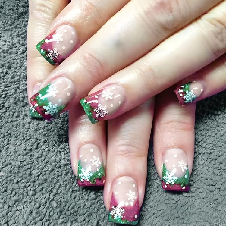 

Christmas Press on Nails Square Short False Nails With Snowflake Designs Full Cover Stick on Nails Acrylic Nail Art 1