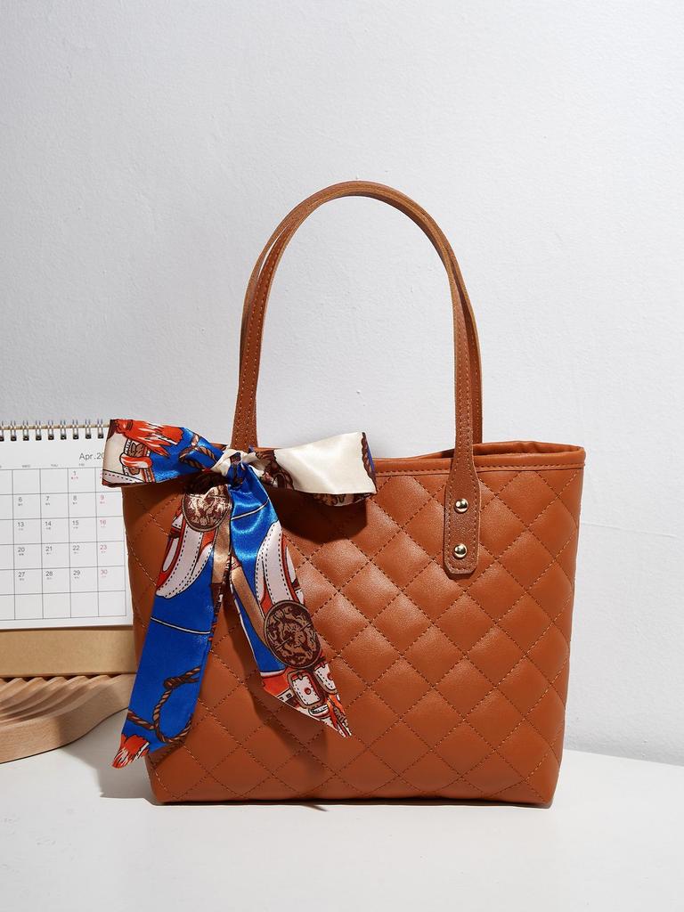 Southeast Asia Hot-Selling 2025 Diamond Quilted Tote: Trendy, Large-Capacity Shoulder Bag with Scarf