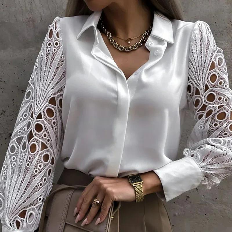 Weiße Sexy Spitze Aushöhlen Damen Bluse Herbst Frühling Schwarzes Oberteil Vintage Button-Up Hemden Langarm Tops
