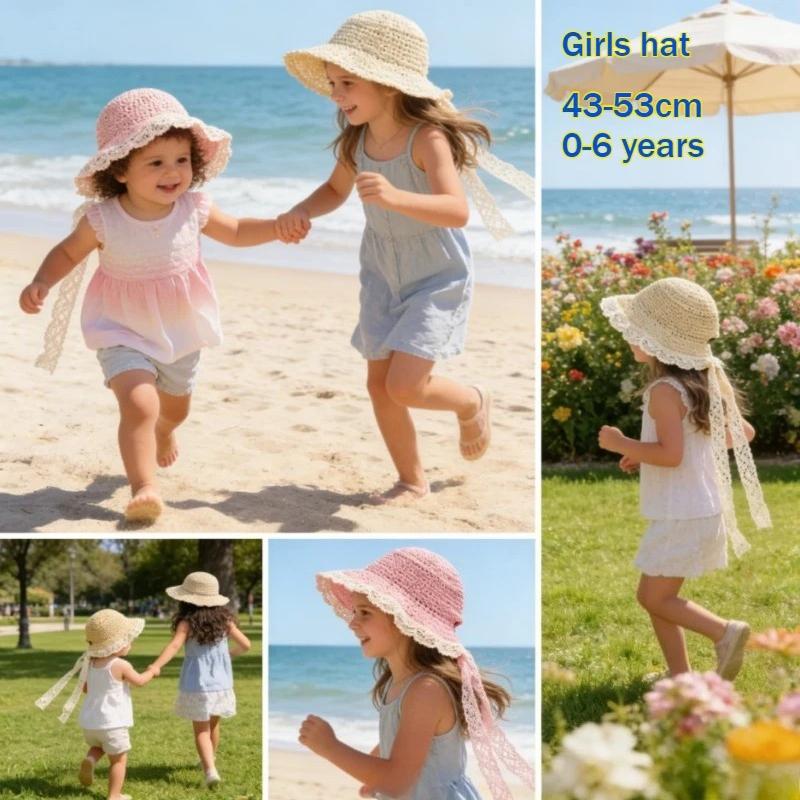 Baby Girl Cap 43-53cm 0-6 Years Children Panama Hat Lace Baby Hat Summer Straw Bow Beach Baby Sun Hats and Caps for Kids 1PC