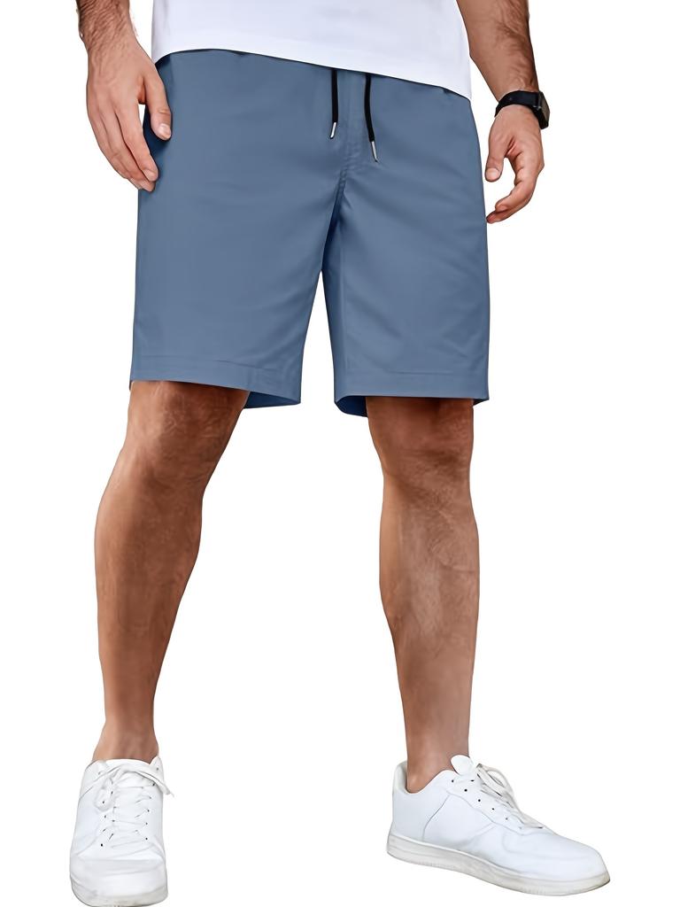 Men's Solid-color Suit Shorts with Leather Label Drawstring Casual Multi-pocket Capre Shorts