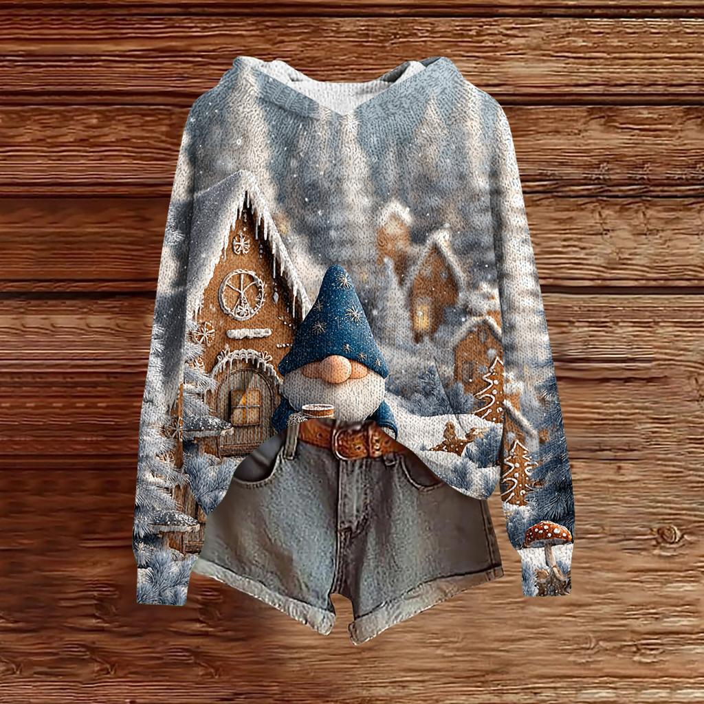 Women's Fashion Casual Long Sleeve Christmas Print Hooded Knitted Sweatshirt