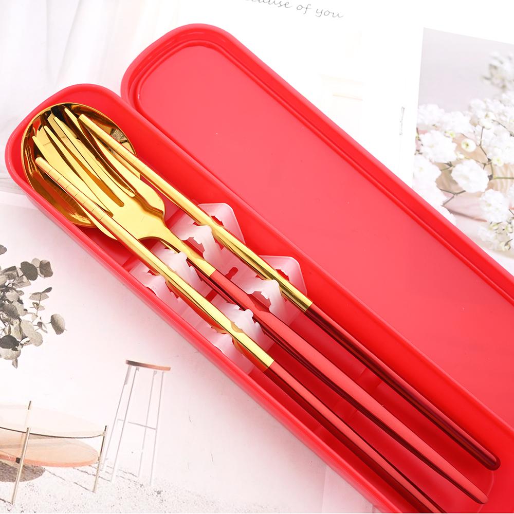 Schwarzes und goldenes Geschirrset, tragbares Reiseset, 3-teilig, Essstäbchen, Gabel, Löffel, Besteckset mit Box, Küchenzubehör, Besteck