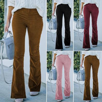 Elastic Waist High-Waist Solid Color Pockets Flared Pants Autumn Winter Wide Leg Flare Corduroy Pants Streetwear