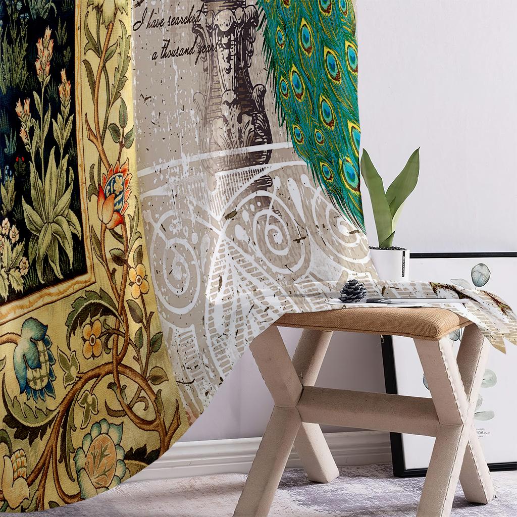 Vintage Peacock 3D-utskrift vindusgardiner, stanglomme, soverom, stue, kjøkkeninnredning, kan tilpasses, 2 stk.