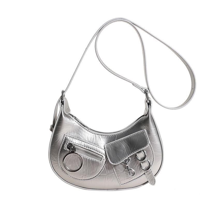 Summer High-Quality Textured Crossbody Bag for Women, New Trendy Silver Niche Bass Bag, Single Shoulder Punk Motorcycle Bag