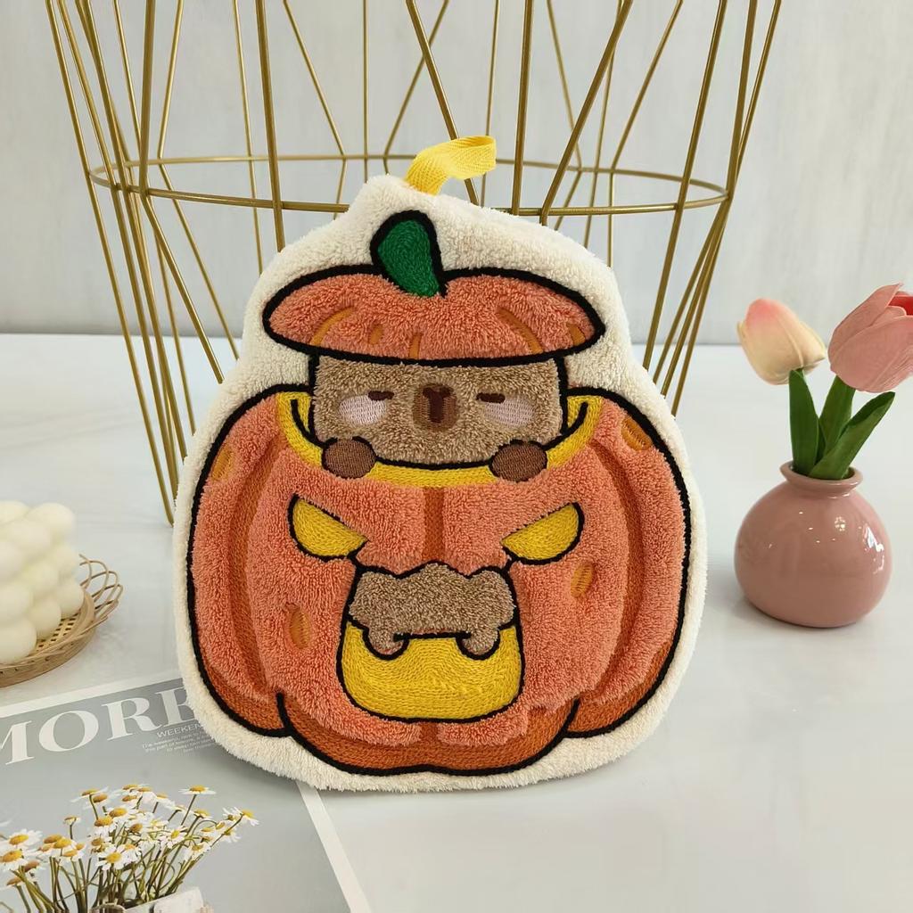 New Halloween Kapibara Hand Towel Hanging Type Home Kitchen Bathroom Coral Fleece Soft Water Absorption Quick Drying