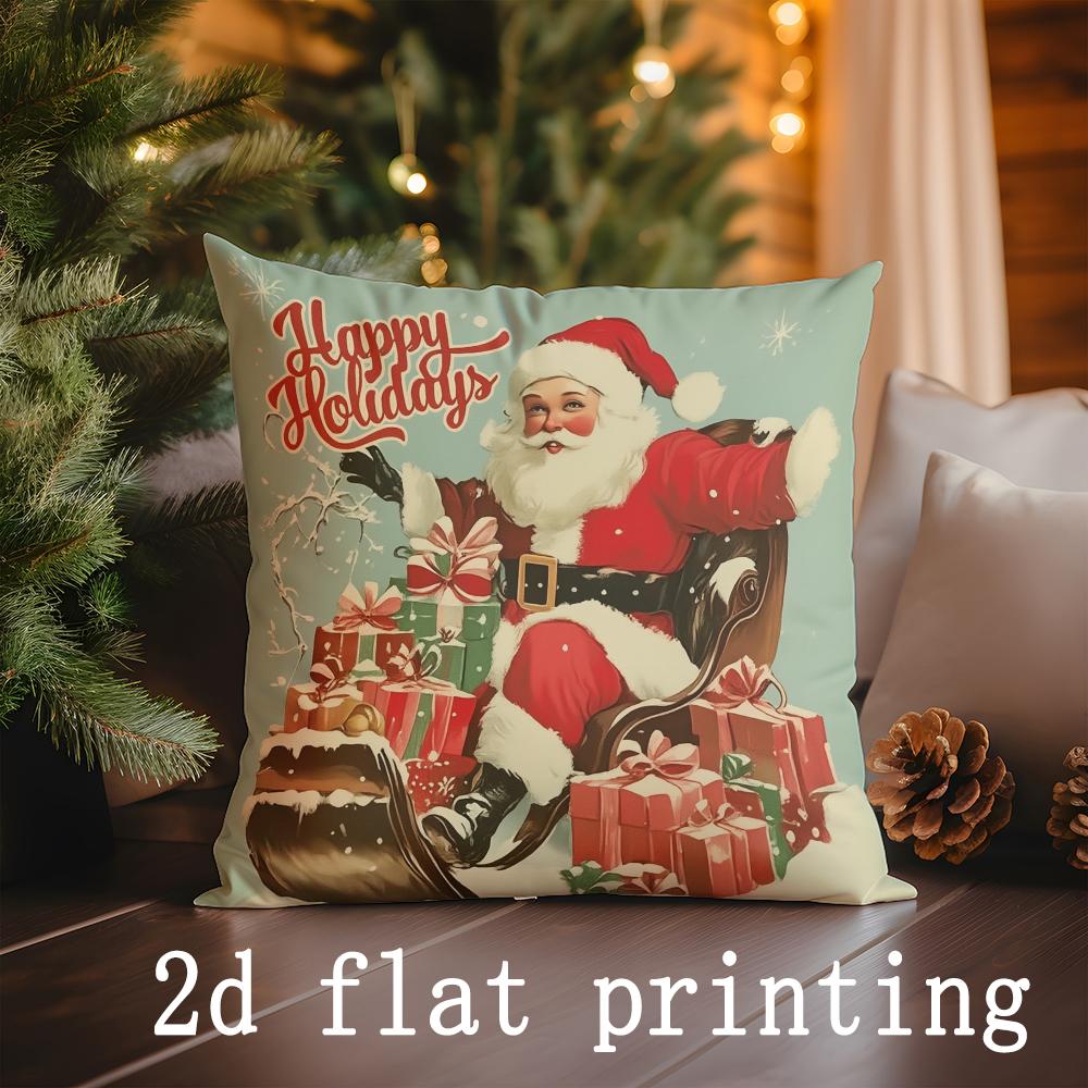 Home Decor Santa-themed Merry & Bright Holiday Pillows Pattern Cushion Cover Suitable for Sofa Bedroom Car Pillow Cover