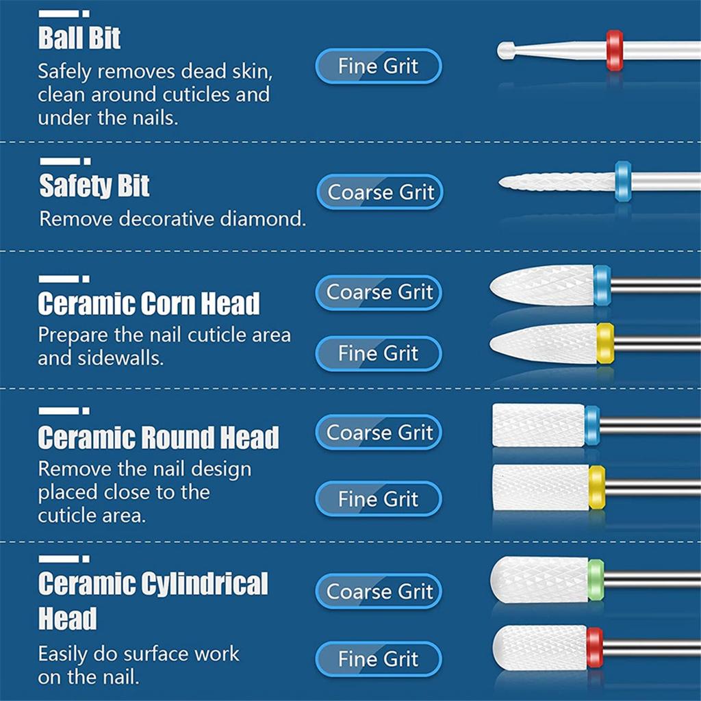 19pcs Nail Drill Bits Sets, 3/32 Inch Diamond Cuticle Electric Nail File and Ceramic Acrylic Gel Nail Bit Kit, Acrylic