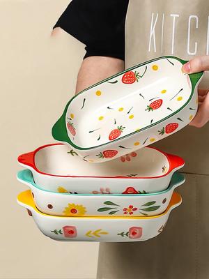 Binaurale Keramik Rechteckige Backform Käse Gebackener Reis Platte Haushalt Salatteller Niedliche Bedruckte Backschüssel Utensilien