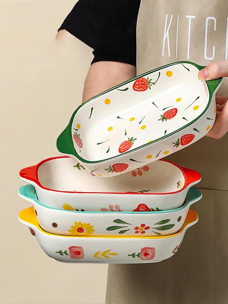Binaural Ceramic Rectangular Baking Plate Cheese Baked Rice Plate Household Salad Plate Cute Printed Baking Bowl Utensils