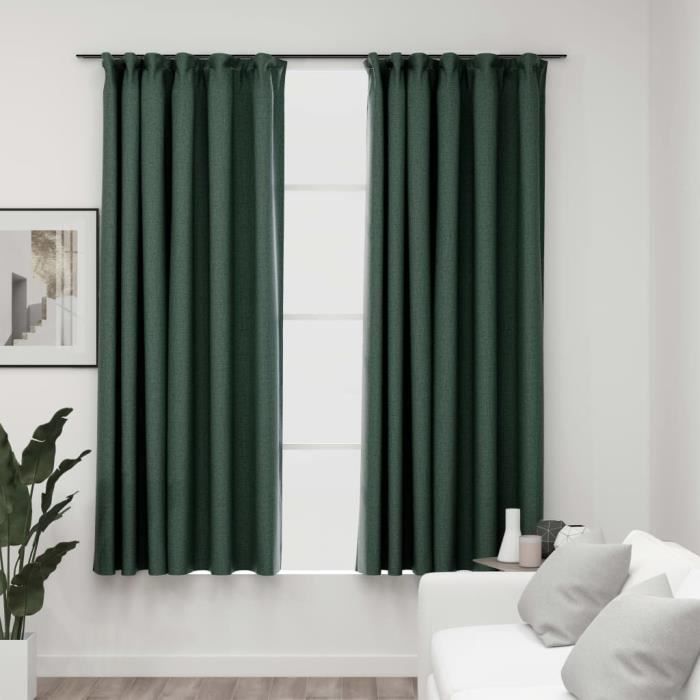 VidaXL Rideaux occultants aspect lin avec crochets 2pcs Vert 140x175cm
