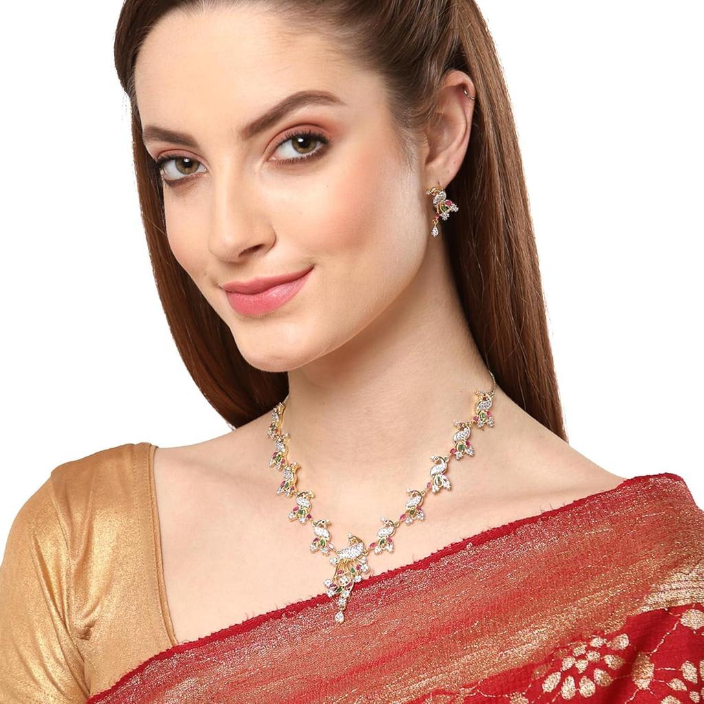 Jewellery Set American Diamond Stylish Peacock Style Gold Plated Necklace Set Jewellery With Earring For Women & Girls