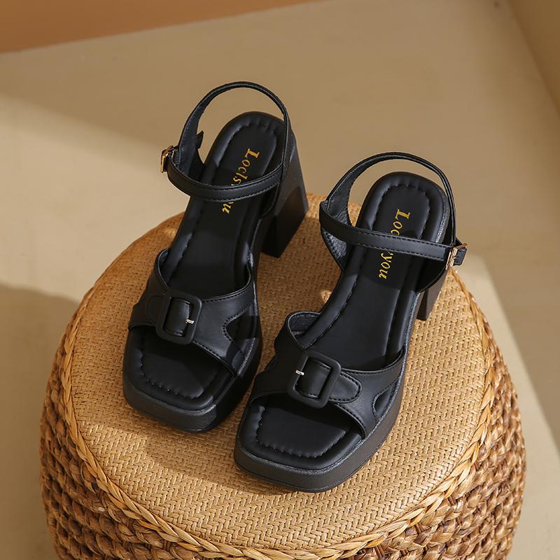 Fashion Women's Thick Sole Sandals Solid Color Casual Shoes One Line Buckle High Heel Sandals Women's Wedge Shaped Fish Mouth Shoes