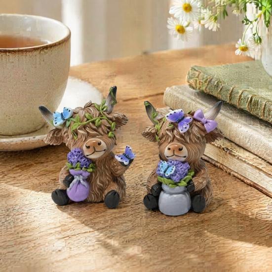 Chic Holiday Presents for Friends Lavender Highland Cow Resin Figurine, Cute Fluffy with Butterfly Bow & Floral Wreath, Pastoral Style Home