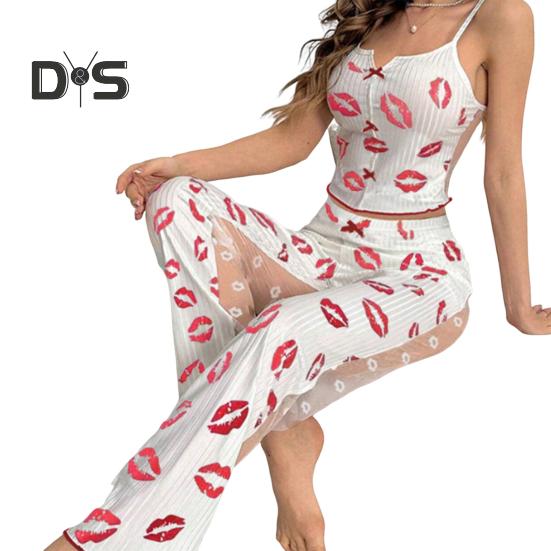 

2 шт./комплект женский жилет брюки костюм бант сердечко принт без рукавов сборка кант топ сетчатые лоскутные брюки домашняя одежда одежда для сна наряд летняя одежда для отдыха S красный