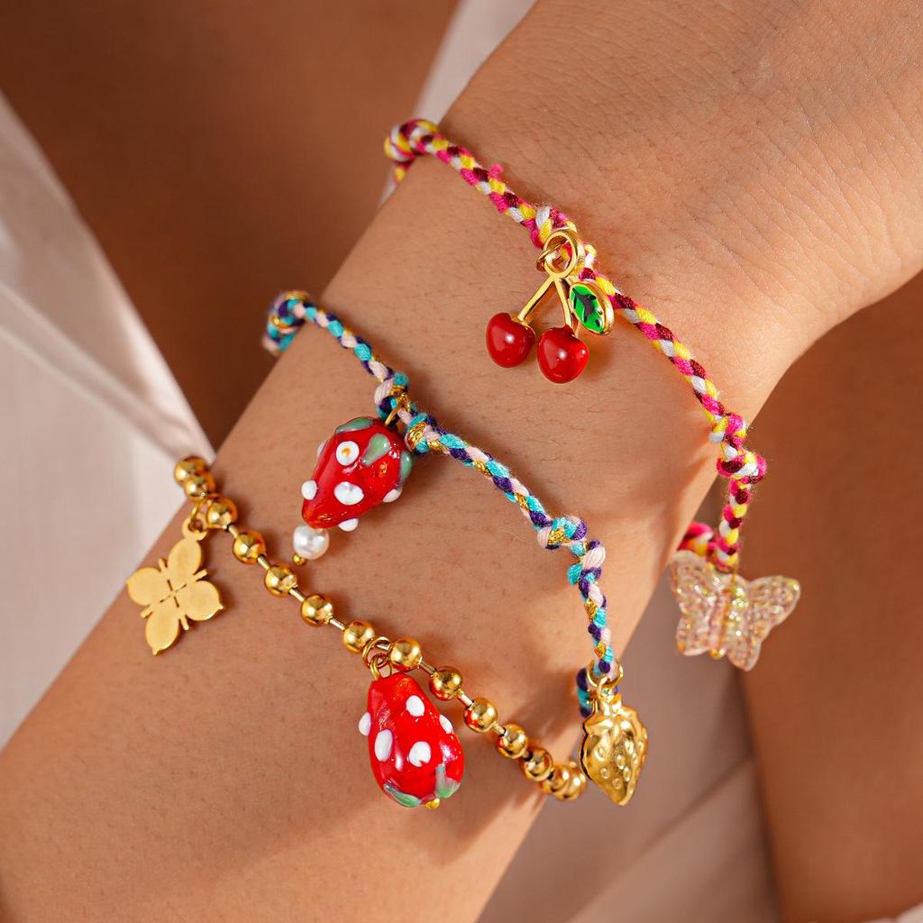 Stainless Steel Cherry & Butterfly Tassel Bracelet - Fashionable, Sweet, and Unique Design
