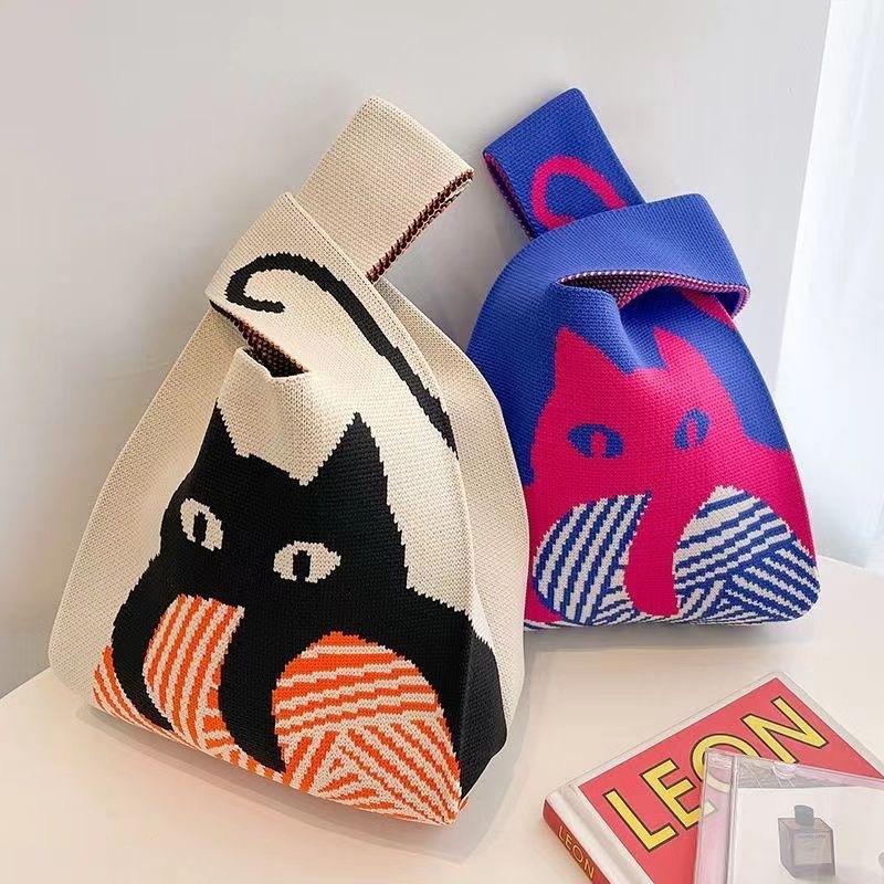 Damen-Handgelenktasche mit Knoten, handgefertigt, gestrickt, tragbar, Mini, gestreift, Tragetasche, Eimer, Handytasche, große Kapazität, Herbst-/Winterhandtaschen