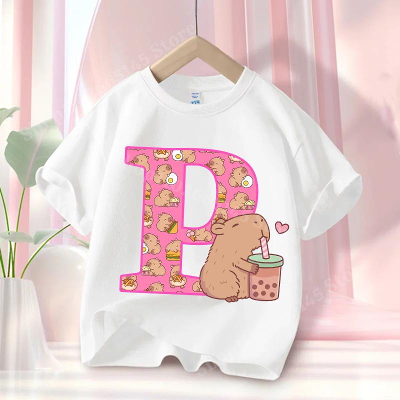 Capybara Cute T-Shirt Children's Anime Capybara Letter Short-Sleeve T-Shirt Girls' Summer Top