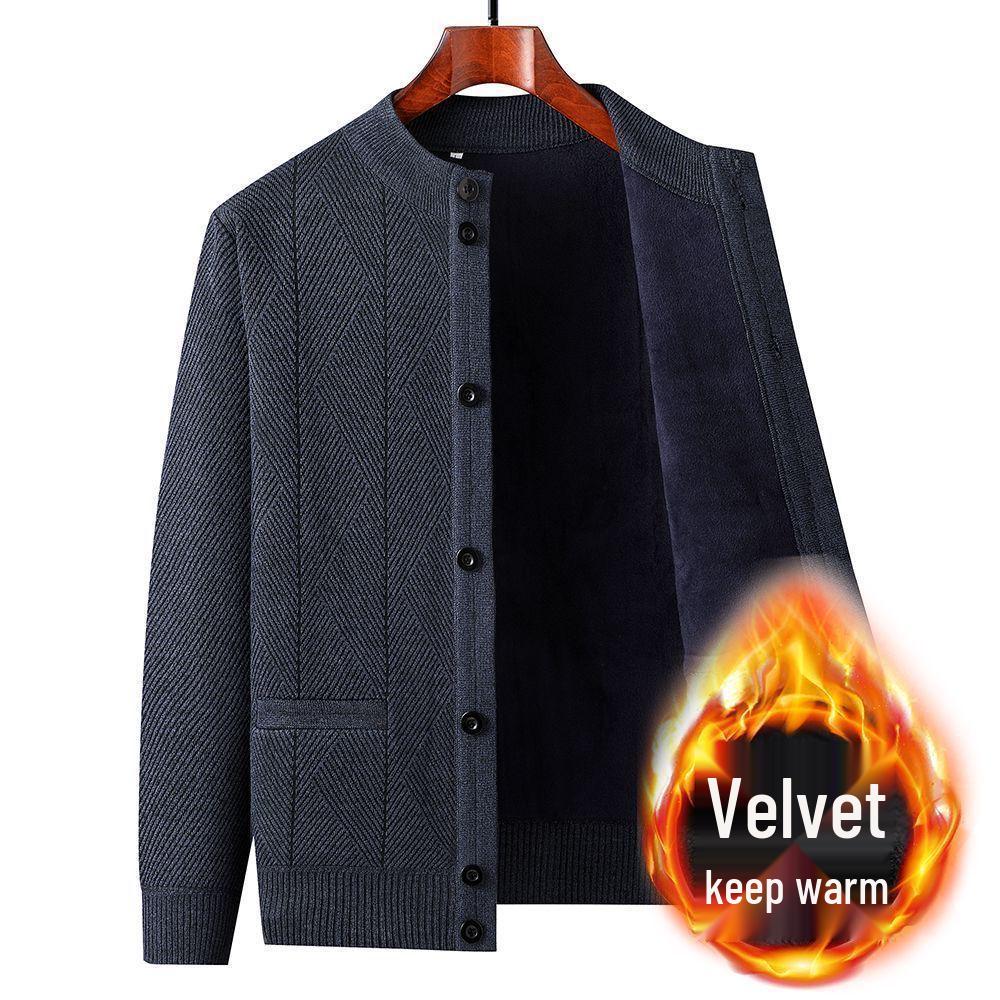 Men's V-Neck Thick Fleece Cardigan: Warm Knitwear for Dad and Grandpa