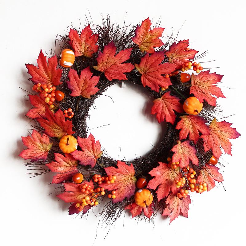 Harvest Festival Pumpkin Maple Leaf Wreath Door Hanging Thanksgiving Autumn Color Simulation Dead Branch Rattan Decoration
