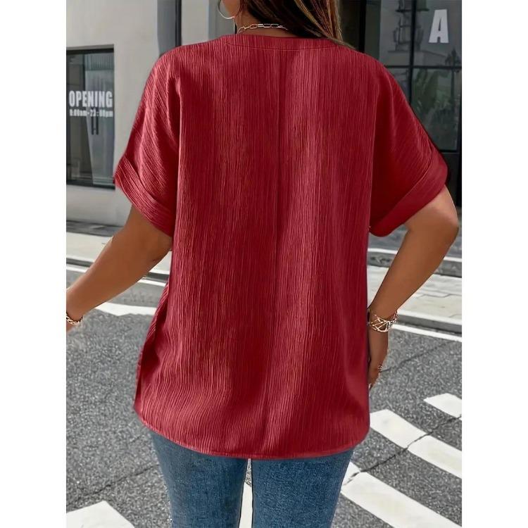 T-shirt Casual da Donna Taglie Forti Casual Colore Unico Bottoni Scollo a V Elegante Colore Unico Manica Corta Abbottonata Moda Quattro Stagioni Nuovo