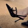 Design Sense Polka Dot Rhinestone Bow Sexy Black High Heels Thin Heel Pointed Head Beautiful Shallow Mouth Backempty Sandals Women