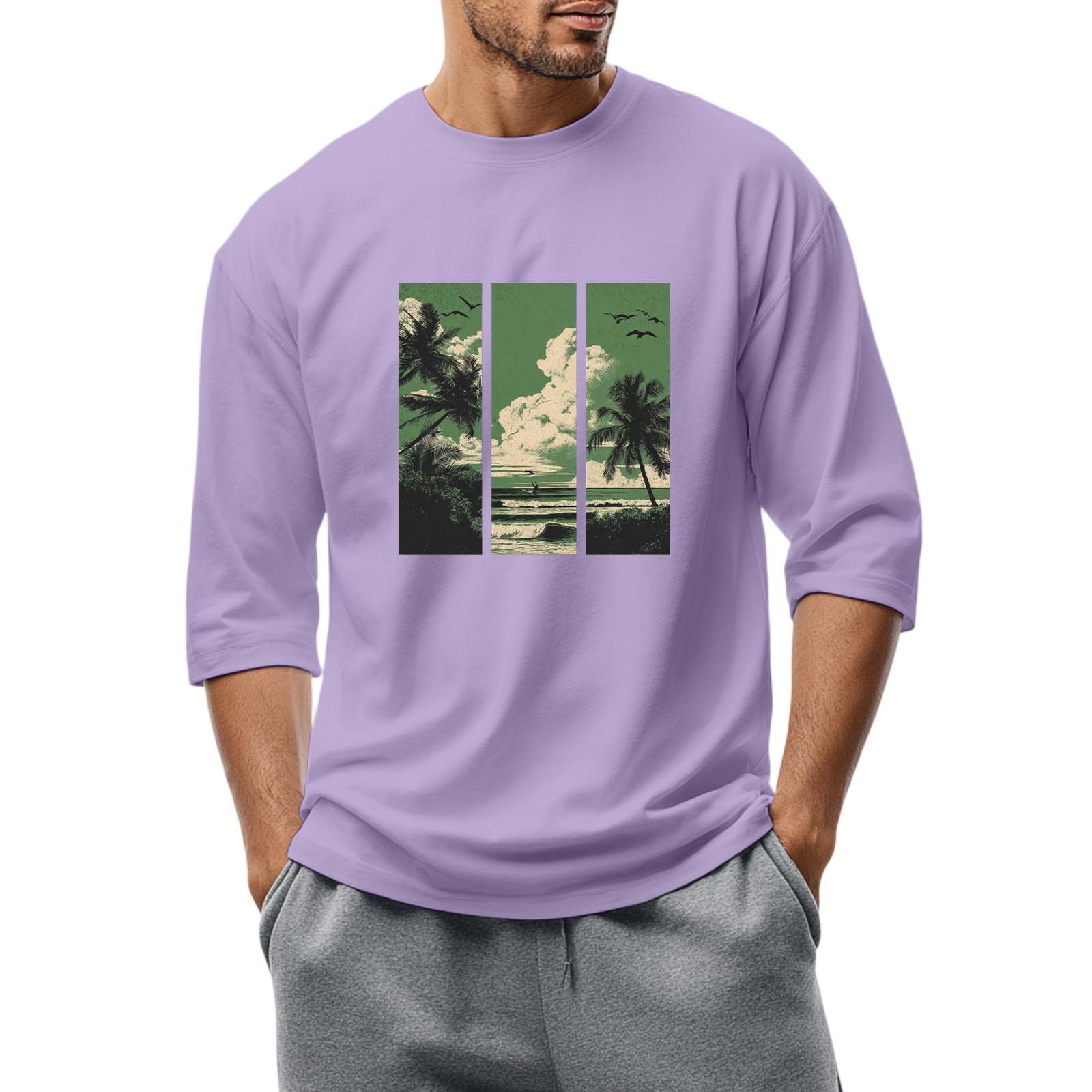 

Men S Round Neck Three-Quarters Sleeve Top Casual Fashion T-Shirt L фіолетовий