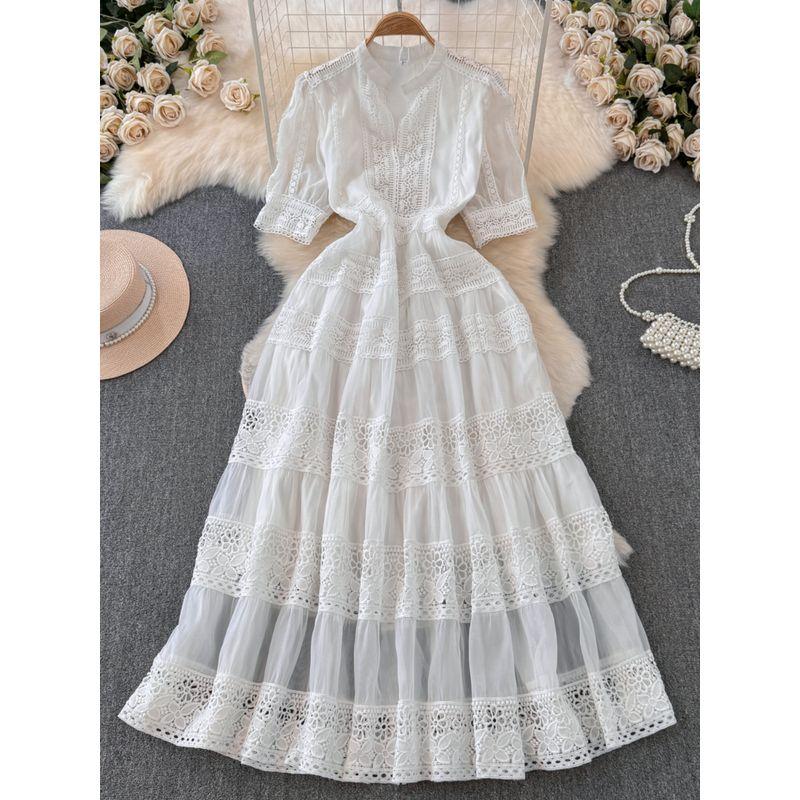 French Style Temperament Summer Clothing Cutout Lace Stitching Dress