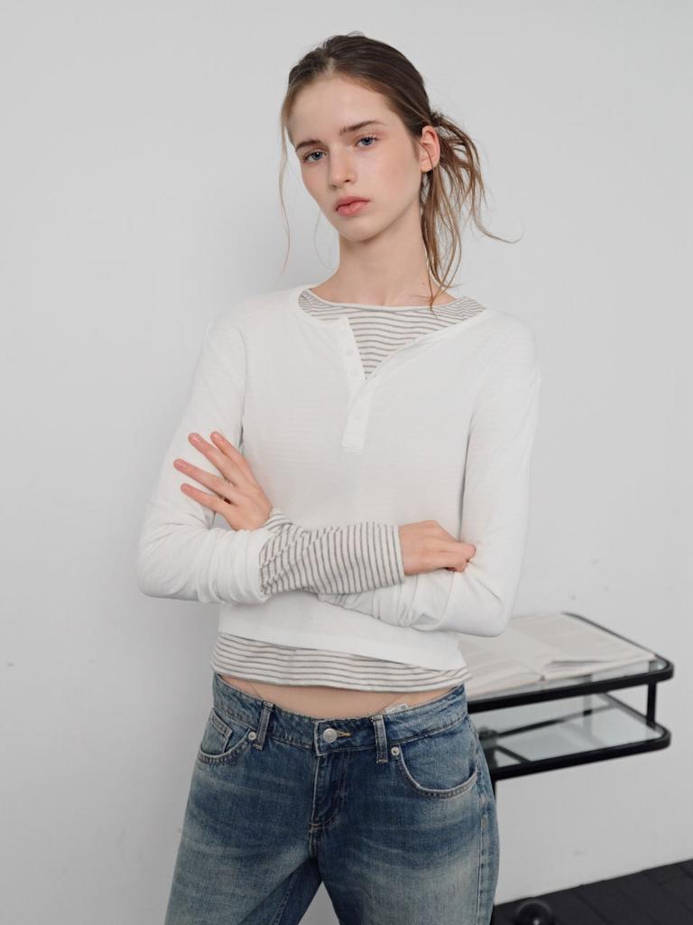 WAVE UNION Soft Rib Henley Longsleeve Top White