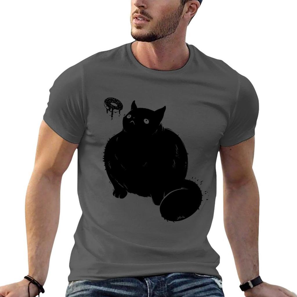 Big Chonker Cat Looking At Donut Art TShirt Fashion Print Casual Short Sleeve