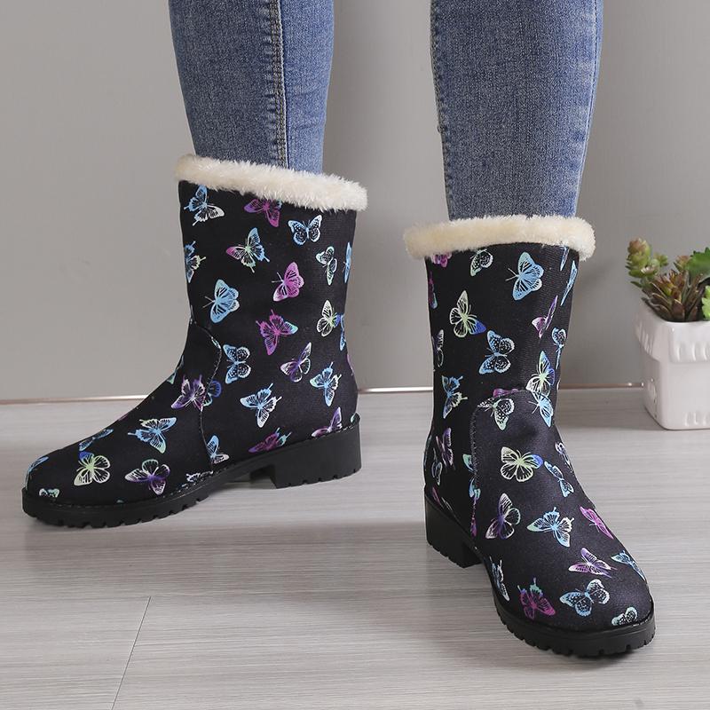 Women Snow Boots Winter Warm Shoes Platform Round Toe Shoes Butterfly Print Womens Ankle Botas Size 36-43