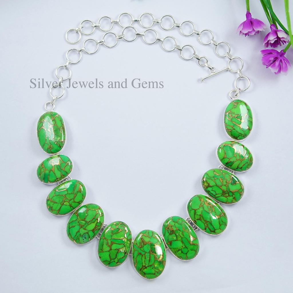 Green Copper Turquoise Necklace , Multi Stone Cluster Necklace, 925 Sterling Silver Necklace, Designer Necklace, Wedding Necklace