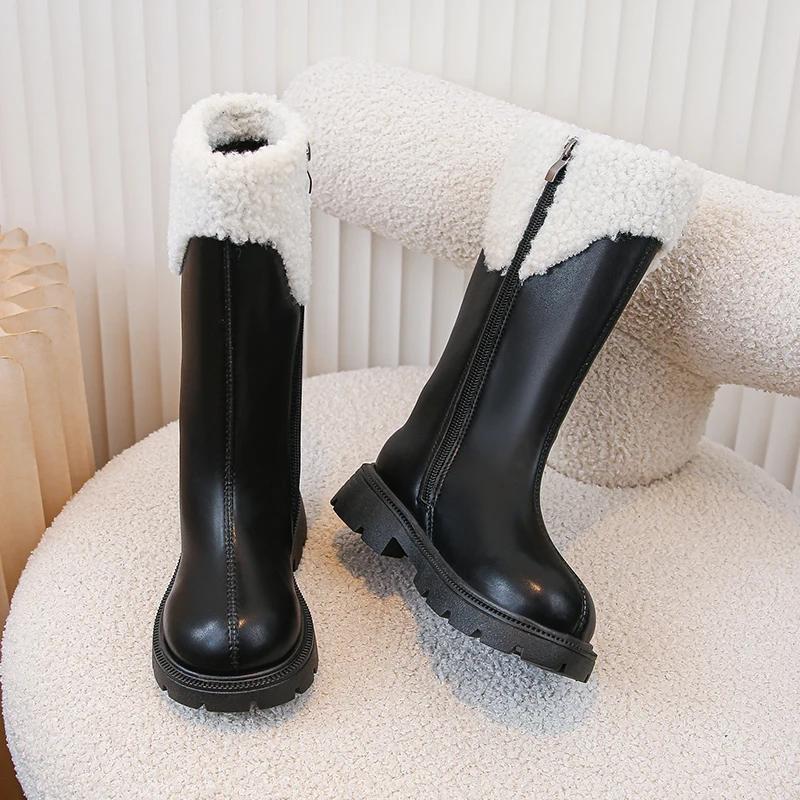 2024 Children High Boots for Girls Winter New Fashion British Style Soft Bottom Anti-slippery Versatile Leather Shoes with Fur
