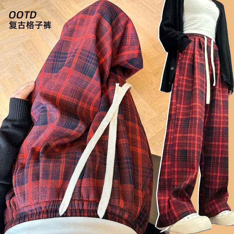 Thickened Plaid Pants Women's Fleece Pants Autumn and Winter High Waist Loose Lace-up Trousers Retro Casual Wide-leg Trousers