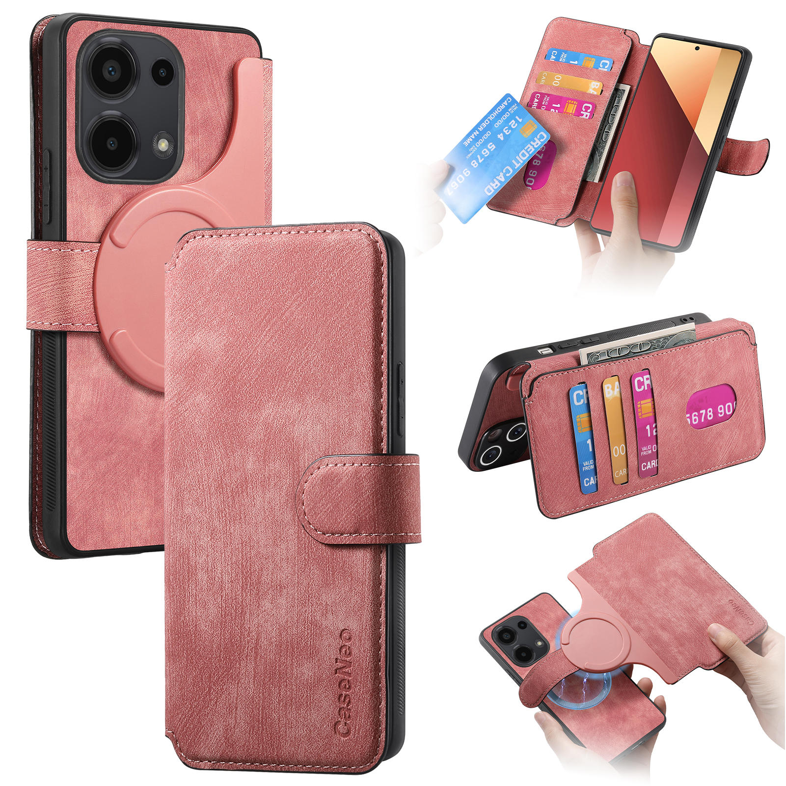 

Для Xiaomi Redmi Note 13 Pro 4G/Poco M6 Pro 4G Магнитный чехол CASENEO Съемная кожаная обложка-кошелек для телефона Pink