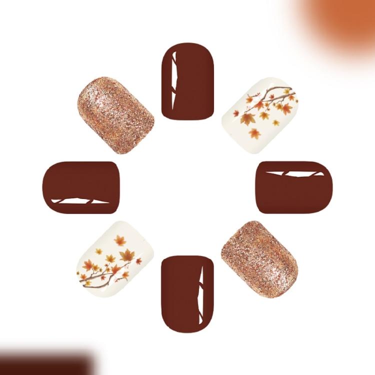 Höst Vinter Korta Fyrkantiga Lösnaglar 24 Styck Glansig Finish Skimrande Brun Lönnlöv Design Inga Verktyg Press On Nagel