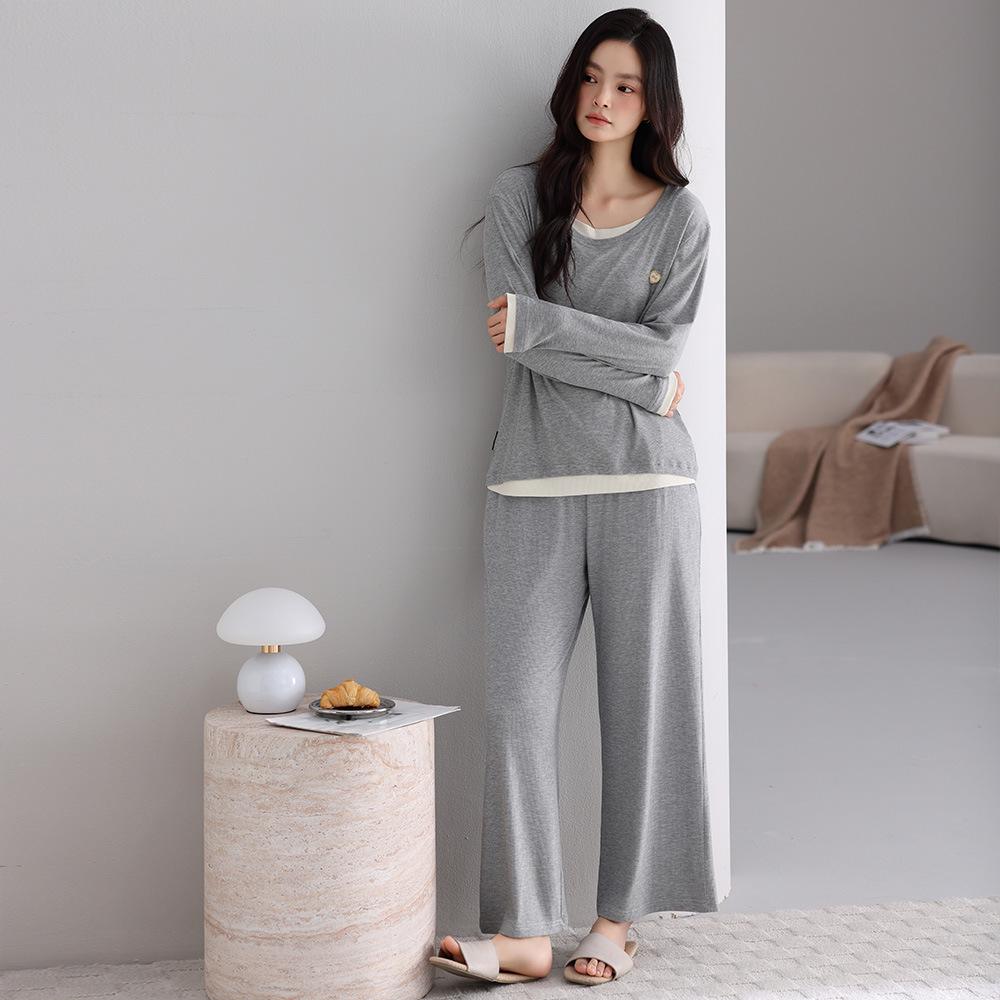 Women's Fall Pajama Set: Long Sleeve & Long Pants with Breast Pads, Modal Fabric, Wear Indoors or Outdoors