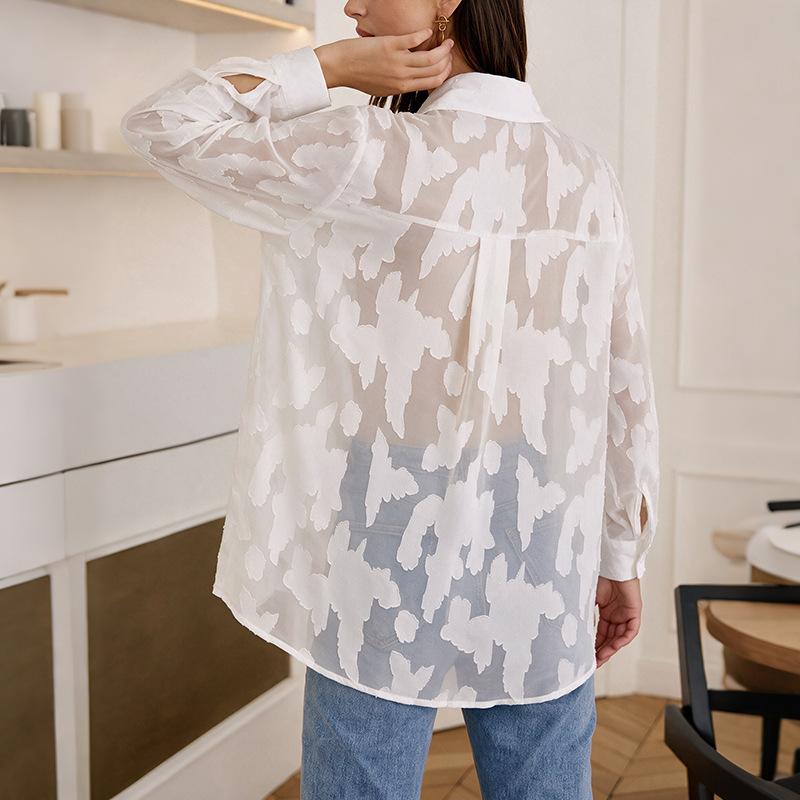 New Autumn-winter Simple Business-style V-neck Buttoned Jacquard Loose Sheer Shirt
