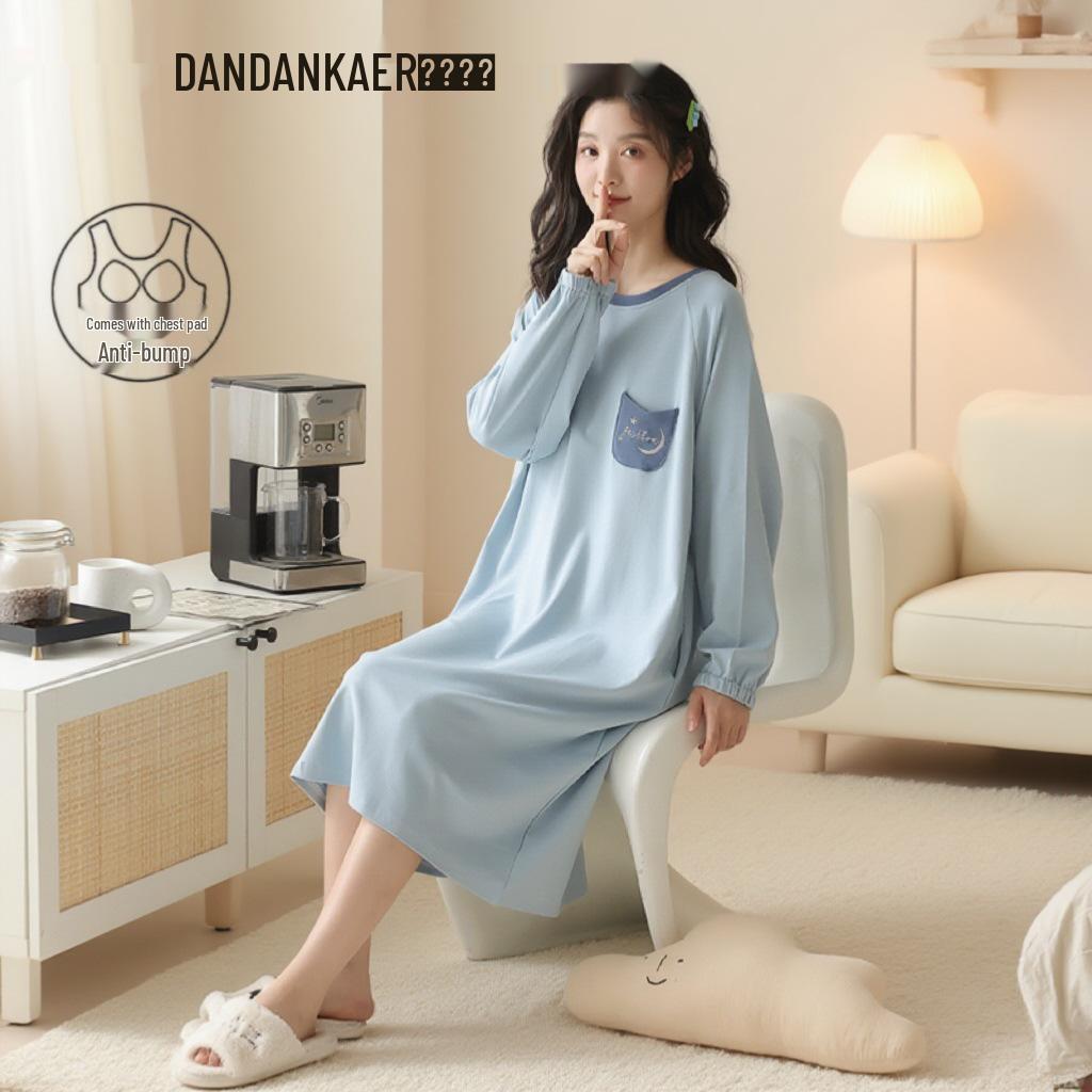 

Women s Cotton Long-Sleeve Nightgown for Spring & Fall - Casual, Loose Fit, 2025 Style Pajamas Homewear M (155-160cm, 80-100 jin)