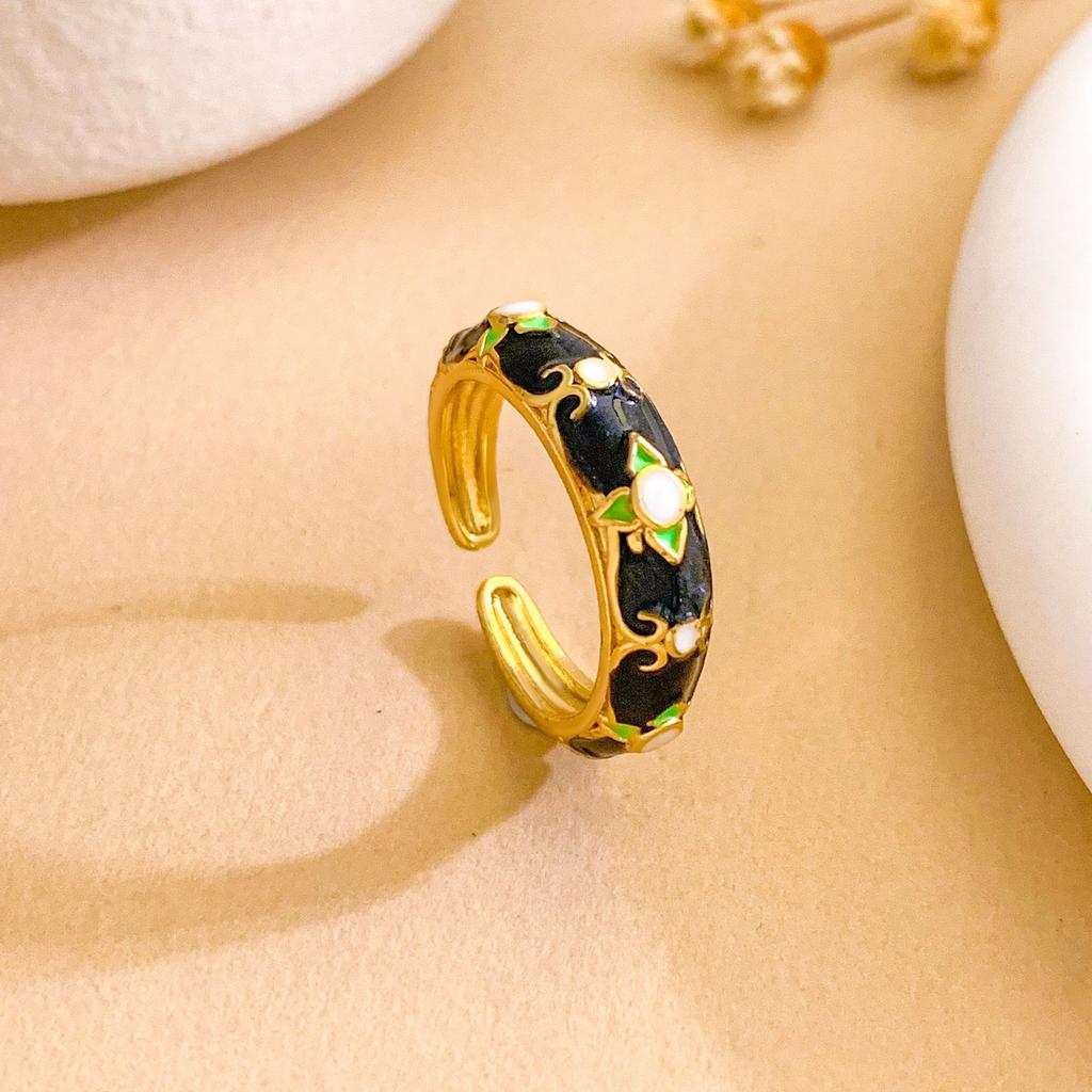 Ring Oil Painting Style Flower Small Fresh Chinese Style Court Style Enamel Color Multi-color Hand-painted Niche Design Ring